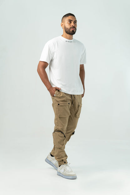 BEIGE 'BE' UTILITY CARGO PANTS