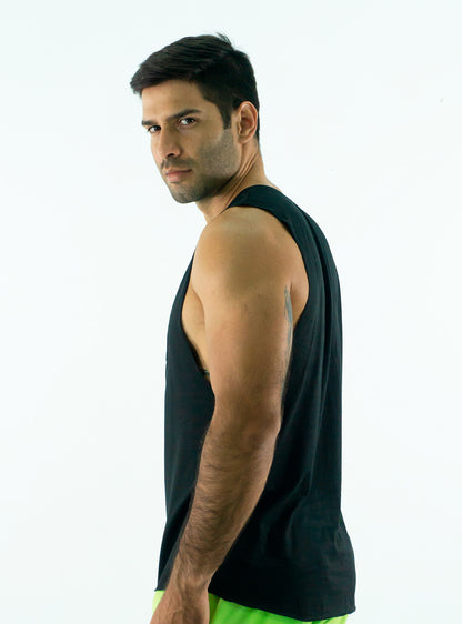 MUSCLE SEAMLESS BLACK TANK TOP  WITH PINK LOGO ON FRONT