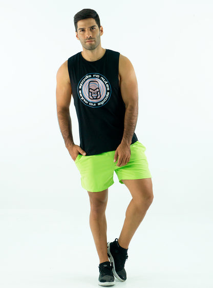 MUSCLE SEAMLESS BLACK TANK TOP  WITH PINK LOGO ON FRONT