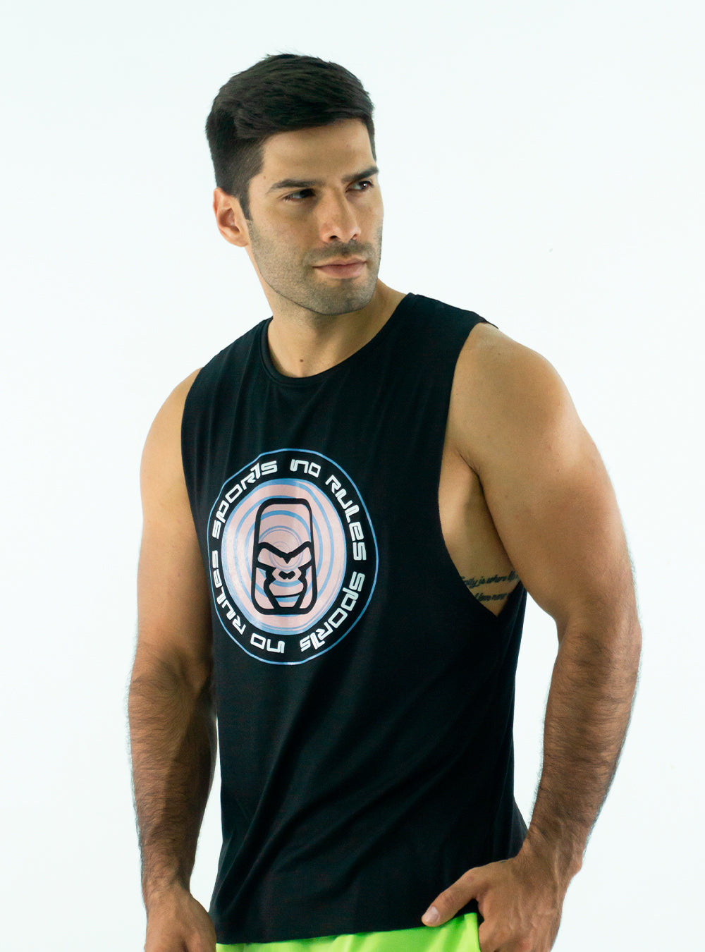 MUSCLE SEAMLESS BLACK TANK TOP  WITH PINK LOGO ON FRONT